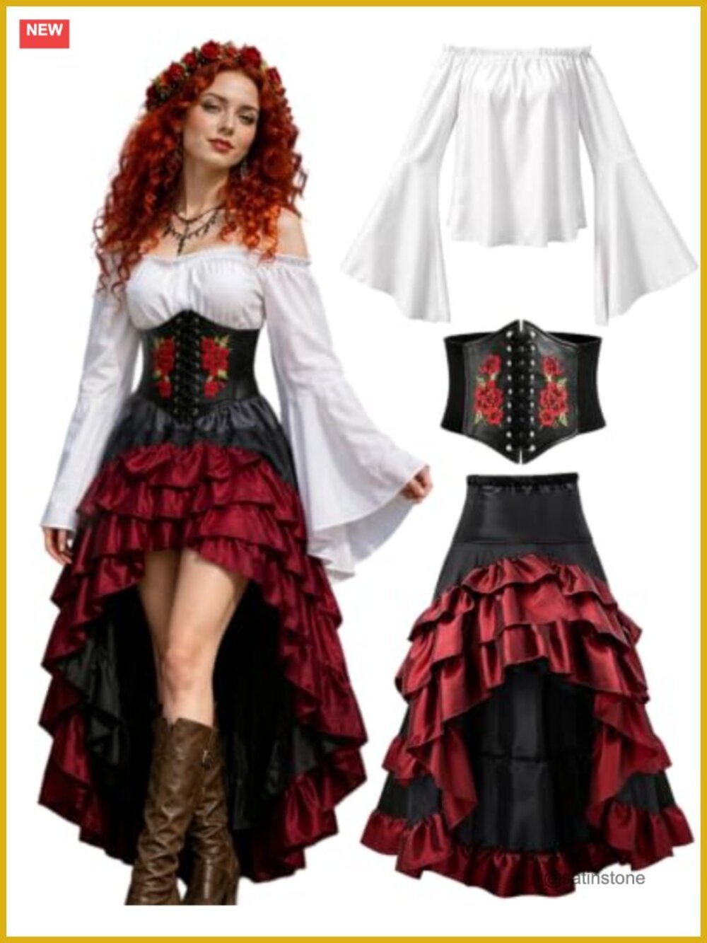 Women's Renaissance Pirate Costume Corset Skirt Blouse Set